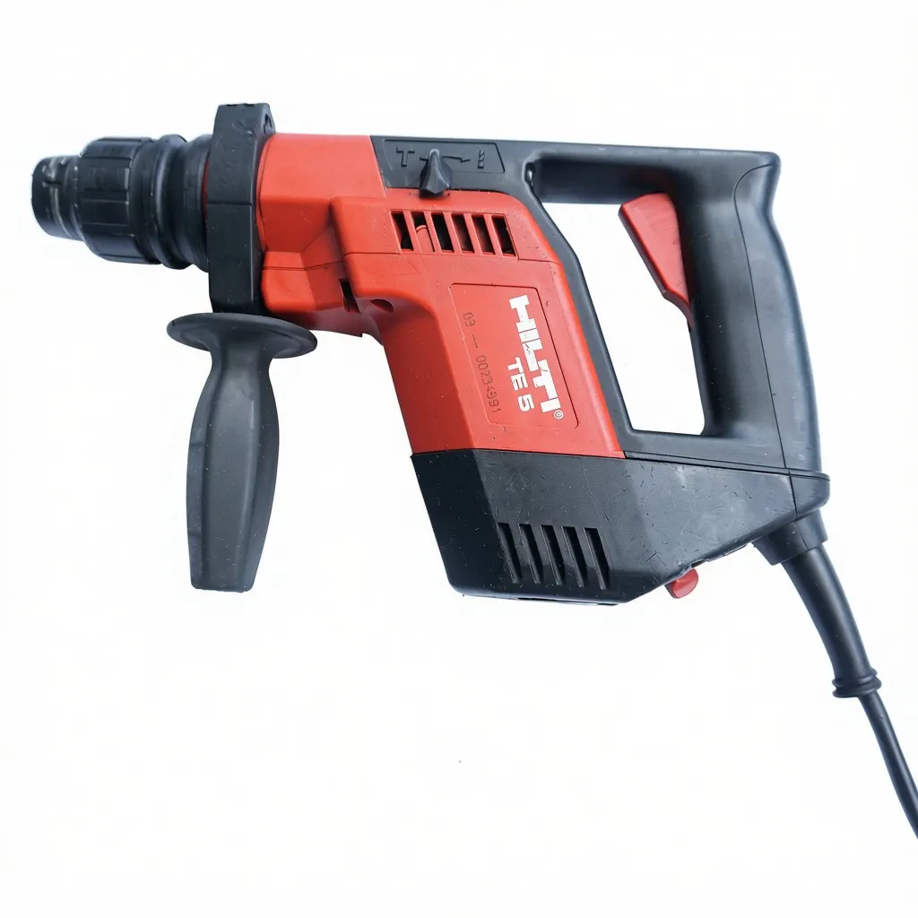 Hilti TE 5 Bohrhammer in Rot und Schwarz, seitliche Ansicht auf weißem Hintergrund mit Zusatzhandgriff.