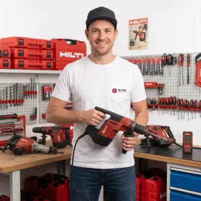 mann in der werkstatt der eine hilti te 5 haelt